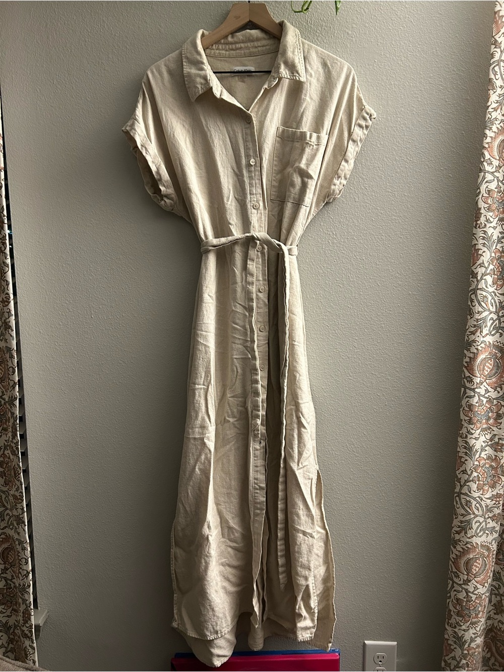 Calvin Klein Linen-Blend Belted Maxi Shirtdress